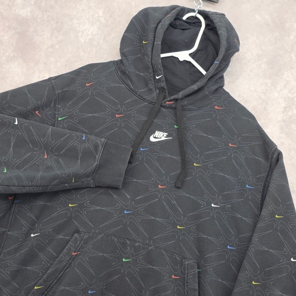 Nike Mens XL Sportswear Club Fleece Hoodie Black Multi Color AOP Swoosh Embroid
